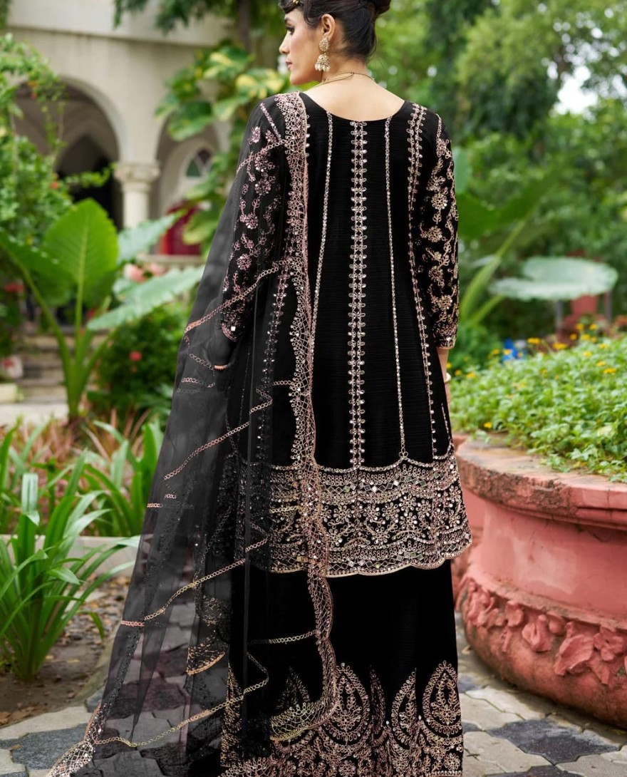 BLACK - Black Chinon Salwar Suit with Embroidered and Mirror Work for Ceremonial